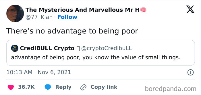 Tweet about broke-people jokes, discussing advantages of being poor, with user interactions and replies shown.