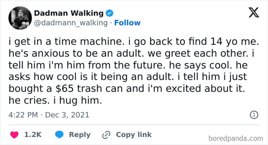 Funny meme about time travel and adulting, where buying a $65 trash can is exciting, leading to an emotional reaction.