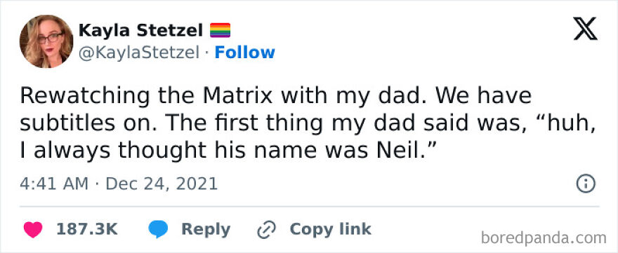 Funny meme about dad misreading "Neo" as "Neil" while watching The Matrix with subtitles.