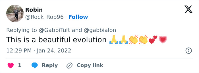 Tweet praising a transformation with emojis from a user replying to Gabbi Tuft. Tweet praising a transformation with emojis from a user replying to Gabbi Tuft.
