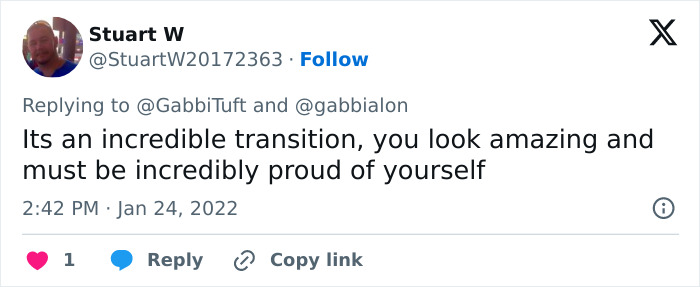 Tweet praising a former WWE star's drastic transition, highlighting pride and admiration for their journey. Tweet praising a former WWE star's drastic transition, highlighting pride and admiration for their journey.