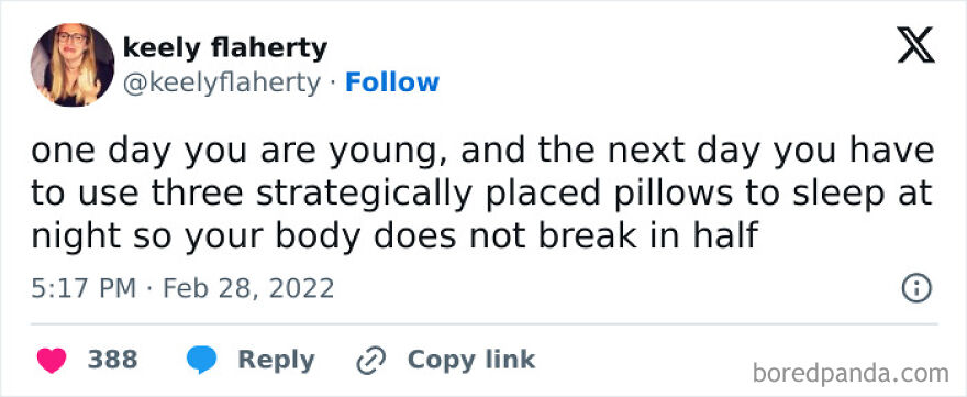 Funny meme about aging, joking about needing multiple pillows for support while sleeping.