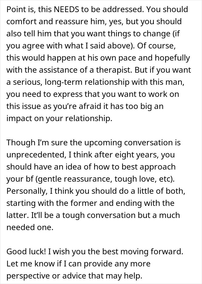 Text offering relationship advice on addressing issues involving burn scars and communication with a boyfriend. Text offering relationship advice on addressing issues involving burn scars and communication with a boyfriend.