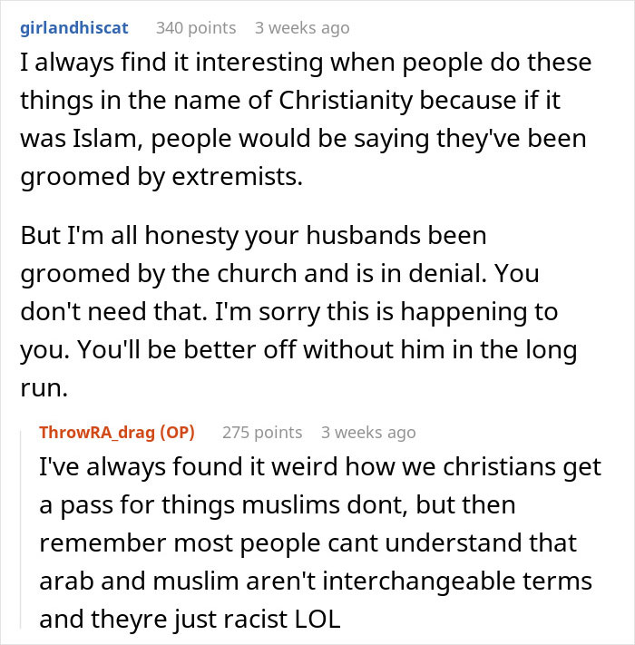 Reddit conversation about religion and marriage beliefs, highlighting views on Christianity and Islam. Reddit conversation about religion and marriage beliefs, highlighting views on Christianity and Islam.