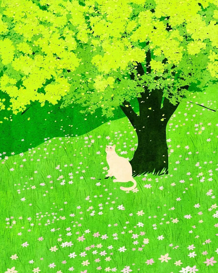Serene illustration by Vietnamese artist depicting a cat sitting under a lush tree in a flower-filled meadow.