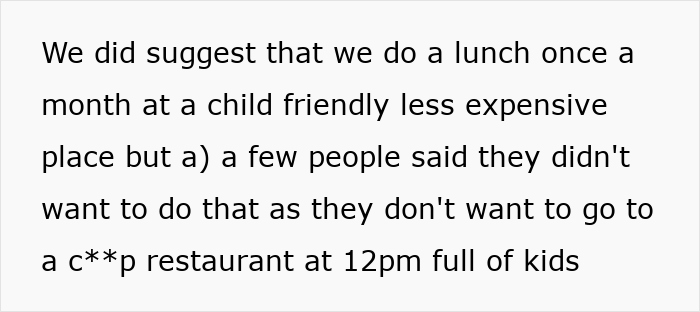 Text discussing opinions in a childfree friend group about dining at kid-friendly restaurants. Text discussing opinions in a childfree friend group about dining at kid-friendly restaurants.