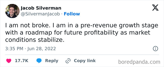 Tweet humorously redefining being broke as pre-revenue growth stage, emphasizing future profitability plans.