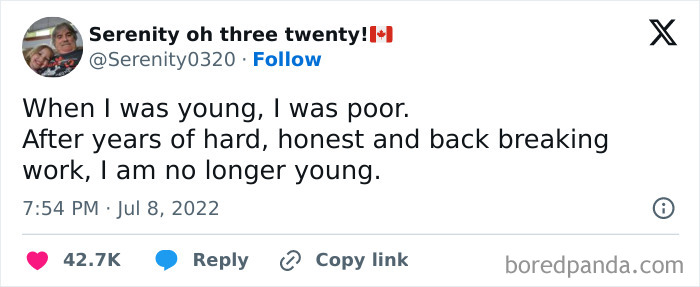 A tweet humorously comparing youth and wealth, embodying broke-people-jokes.