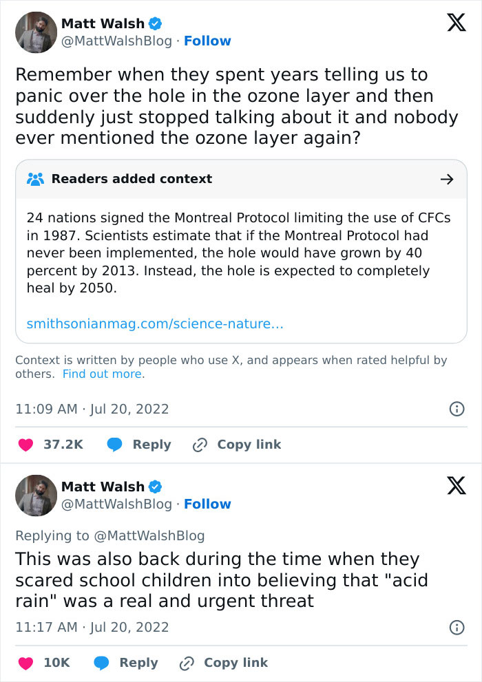 "Tweets discussing ozone layer and acid rain from FB group sharing hot takes." "Tweets discussing ozone layer and acid rain from FB group sharing hot takes."