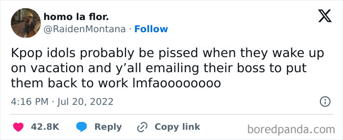 Tweet joking about Kpop idols being emailed to return to work, highlighting work-email-jokes.