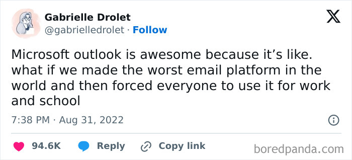 Tweet joking about Microsoft Outlook in a work-email-jokes context.