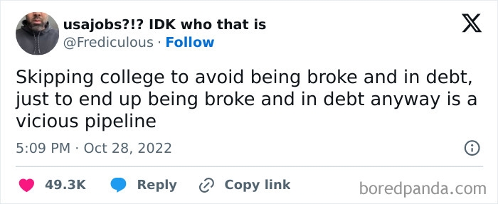 Tweet humor about broke people and the irony of avoiding college debt, yet still ending up broke and in debt.