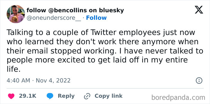 Tweet screenshot about former Twitter employees finding out they’ve been laid off through a work-email joke.