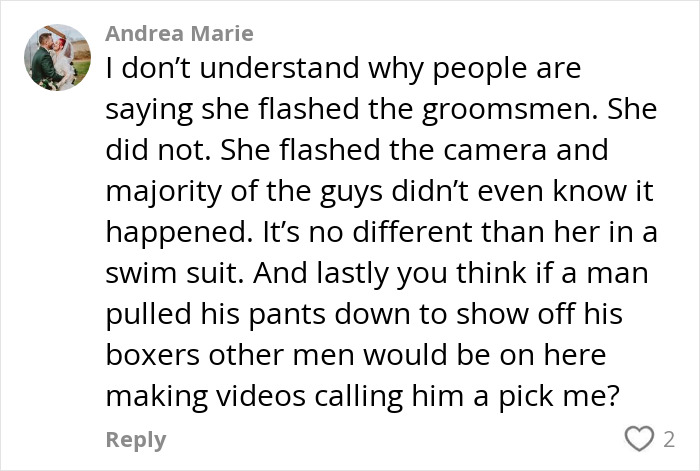 Comment discussing a bride flashing her underwear to the camera during wedding photoshoot. Comment discussing a bride flashing her underwear to the camera during wedding photoshoot.