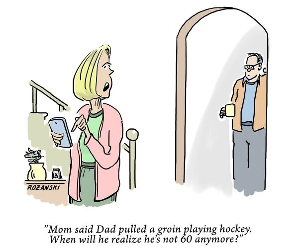 Cartoon depicting a woman holding a phone and speaking about a hockey injury.