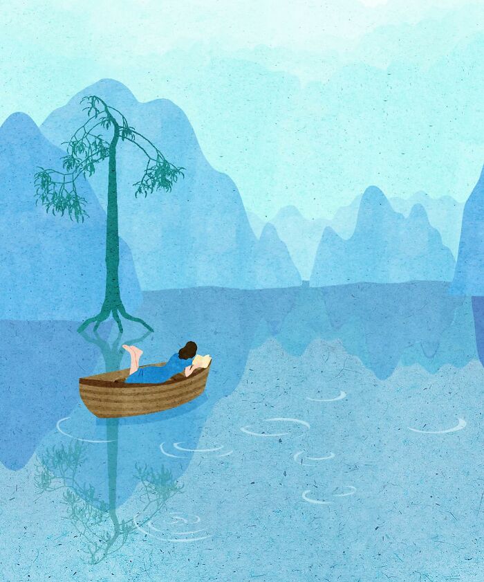 Vietnamese artist's serene illustration of a person relaxing in a boat on a tranquil lake.