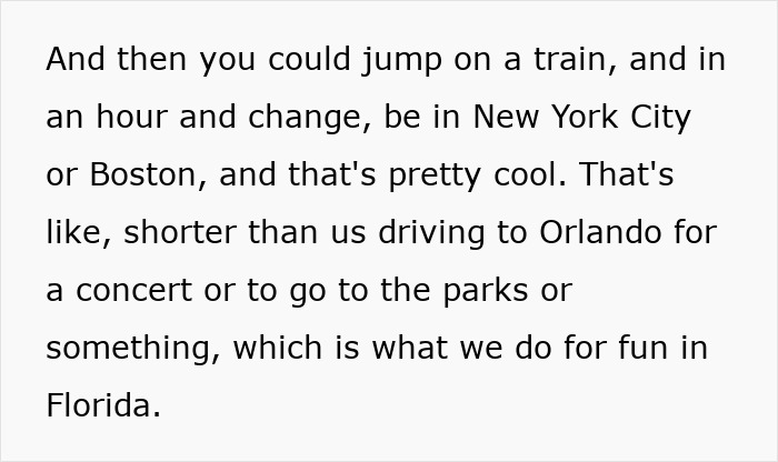 Text excerpt from a mom explaining benefits of moving to a blue state, highlighting travel convenience compared to Florida. Text excerpt from a mom explaining benefits of moving to a blue state, highlighting travel convenience compared to Florida.