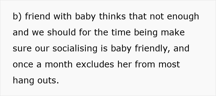 Text detailing a childfree group's baby drama, discussing baby-friendly socializing and monthly exclusions. Text detailing a childfree group's baby drama, discussing baby-friendly socializing and monthly exclusions.