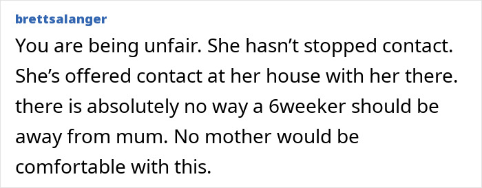 Comment discussing a 6-week-old baby and the importance of staying with mom, emphasizing concerns over being away from mother. Comment discussing a 6-week-old baby and the importance of staying with mom, emphasizing concerns over being away from mother.