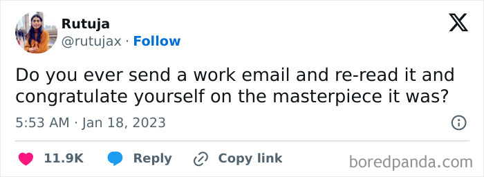 Tweet about work email jokes, jokingly admiring a sent email as a masterpiece.