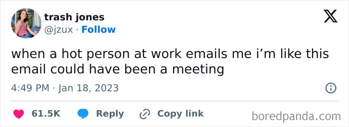 Tweet humor about work-email-jokes, suggesting a meeting instead of emailing from an attractive colleague.