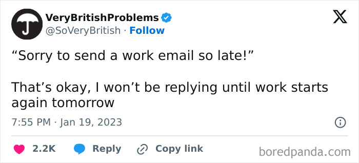 Text image featuring a humorous exchange about sending a work email late.