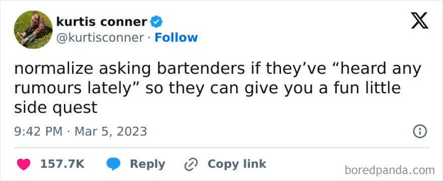 Humorous meme suggesting asking bartenders for rumors to create a fun quest.