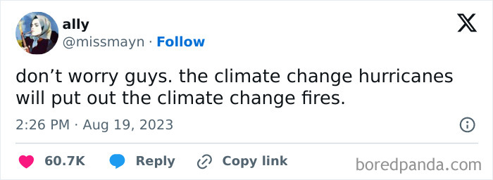 Tweet screenshot with broke people jokes about climate change hurricanes extinguishing fires.