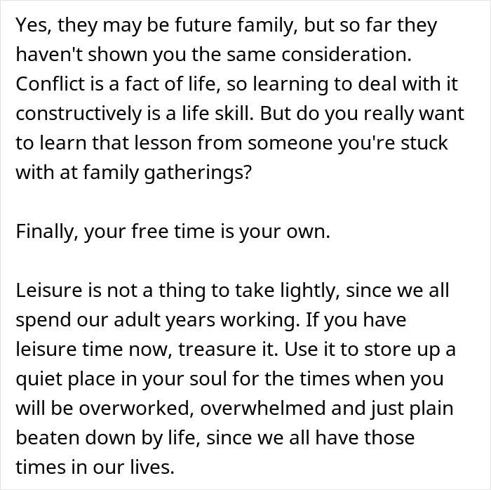 Text discussing family conflicts and valuing leisure time, emphasizing personal boundaries and self-care. Text discussing family conflicts and valuing leisure time, emphasizing personal boundaries and self-care.
