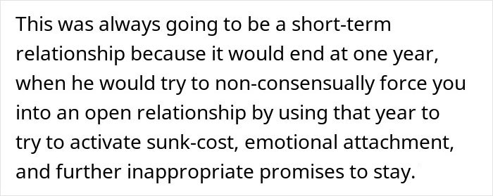 Text discussing the short-term nature of a relationship and issues with opening it non-consensually. Text discussing the short-term nature of a relationship and issues with opening it non-consensually.