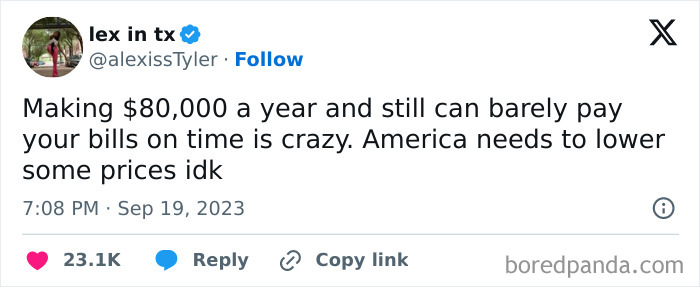 Tweet humor about high income struggles, related to broke-people-jokes.