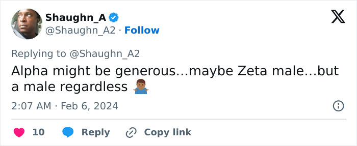Tweet referencing "alpha male," with a comment suggesting "maybe Zeta male" and male symbol emoji. Tweet referencing "alpha male," with a comment suggesting "maybe Zeta male" and male symbol emoji.