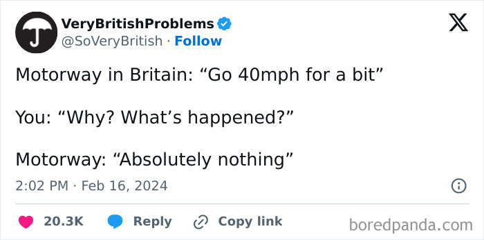 Text from VeryBritishProblems Twitter account about typical British motorway speed limits.