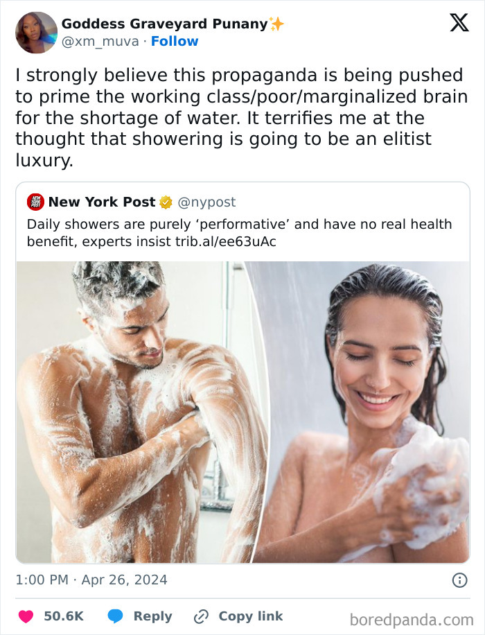 Tweet about daily showers and elitism featuring soap-covered people, discussing broke people jokes and water conservation.