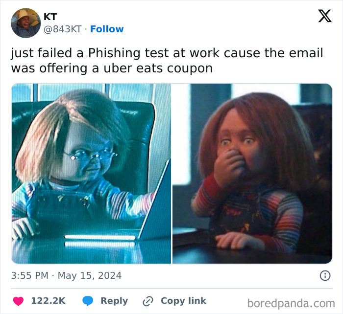 Dolls reacting humorously to a failed phishing test at work, highlighting work-email-jokes.