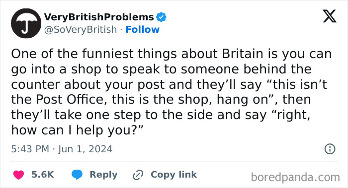 Tweet from VeryBritishProblems about funny British shop encounters involving Post Office confusion.