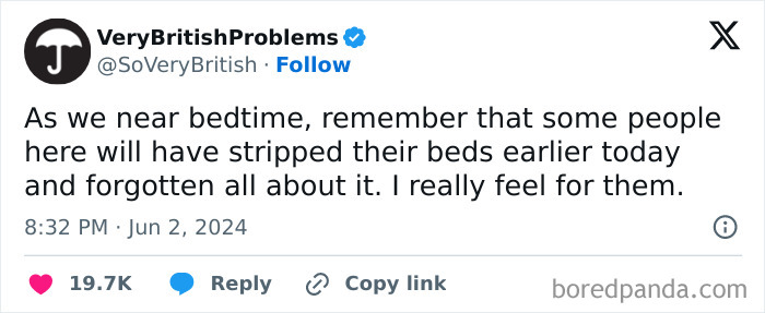Tweet by VeryBritishProblems about the relatable British issue of forgetting to make the bed before bedtime.