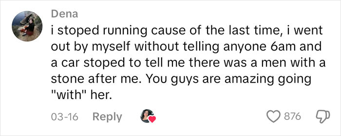 Comment highlighting a mom following her daughter on 5k runs, praising their approach for safety and sparking discussion. Comment highlighting a mom following her daughter on 5k runs, praising their approach for safety and sparking discussion.