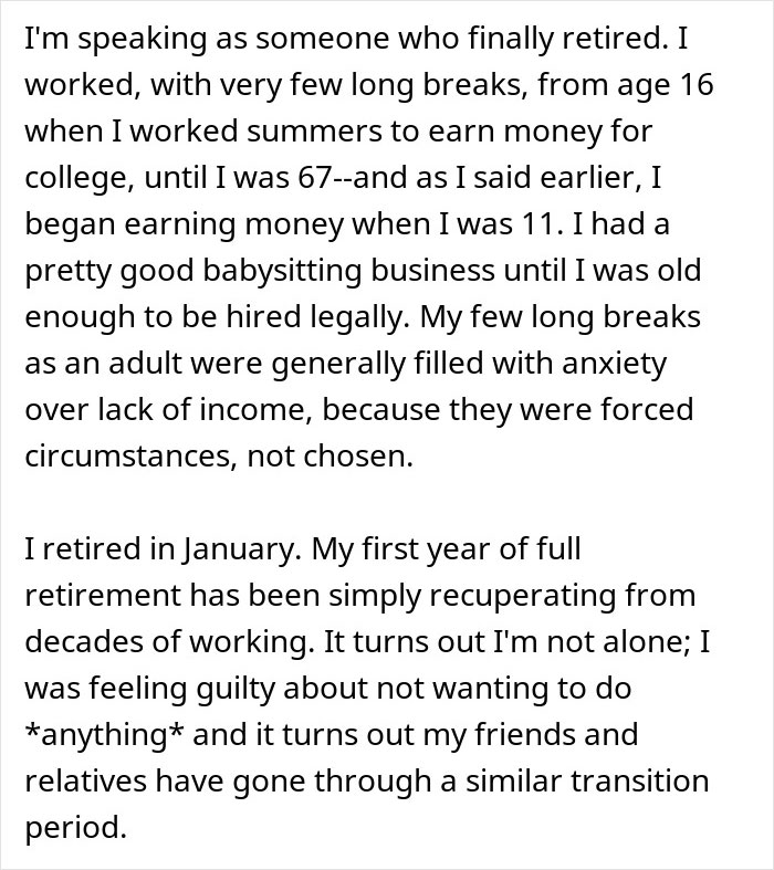 Text discussing retirement and working life, highlighting babysitting as a job from age 11. Text discussing retirement and working life, highlighting babysitting as a job from age 11.