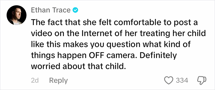Comment discussing parenting concerns over a video, highlighting worries about child treatment off-camera. Comment discussing parenting concerns over a video, highlighting worries about child treatment off-camera.
