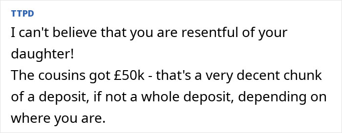 Text about a family's resentment and inheritance, mentioning a £50k deposit. Text about a family's resentment and inheritance, mentioning a £50k deposit.