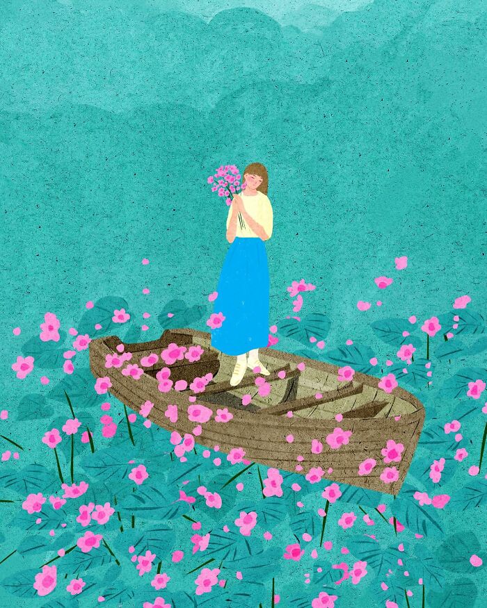 Vietnamese artist illustration of a serene scene with a woman holding flowers on a boat amidst pink blooms.