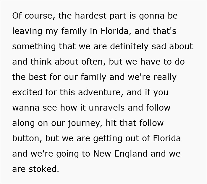 Text from a mom explaining her family's move from Florida to a blue state, New England. Text from a mom explaining her family's move from Florida to a blue state, New England.