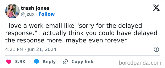 Tweet about work email jokes, humor in delayed response emails, by user trash jones with likes and replies visible.
