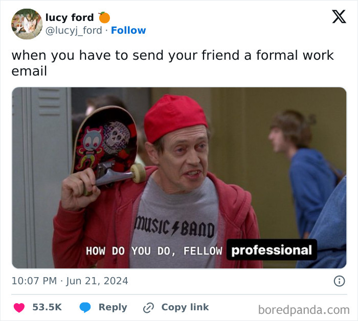 A man in a red cap and hoodie humorously posing with a skateboard, satirizing awkward work-email-jokes.