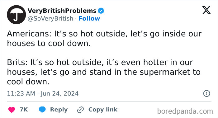 Text from VeryBritishProblems about Brits going to supermarkets to cool down.