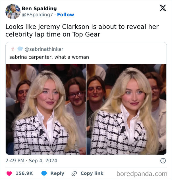 Social media post showcasing humorous Scottish tweet with side-by-side images of a woman in a patterned suit.