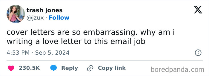 Tweet humorously comparing cover letters to love letters for work-email-jokes.