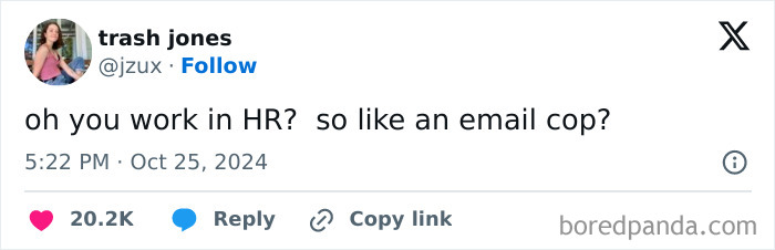 Tweet about HR being like an email cop, popular work email joke with 20.2K likes.