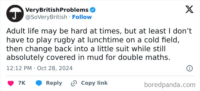 Tweet from VeryBritishProblems about the humor of avoiding muddy rugby and wearing suits during British school life.